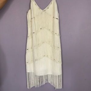 white fringe formal dress